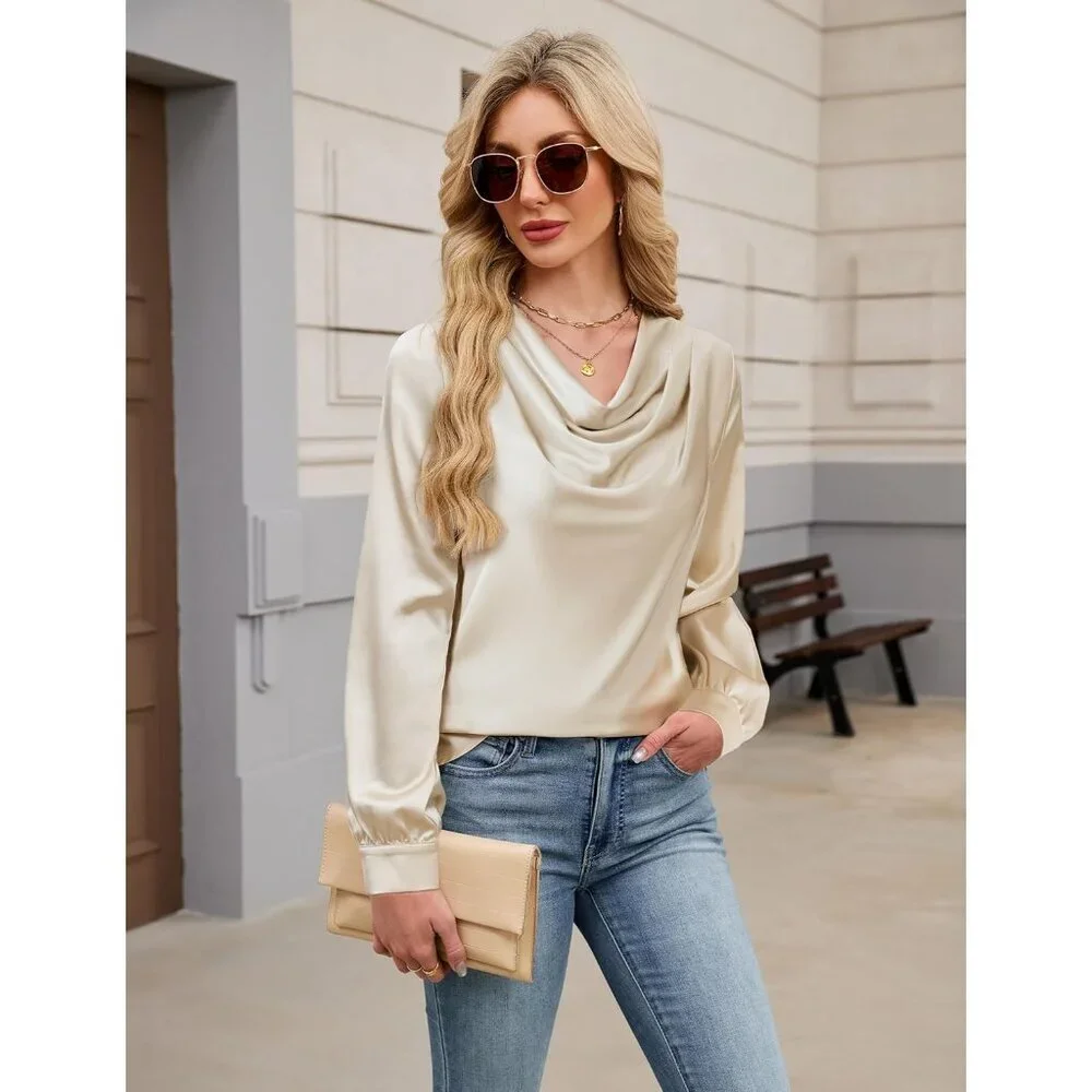 Women's Satin Blouse Cowl Neck Long Sleeve Business Casual Top Apricot - Picture 3 of 8